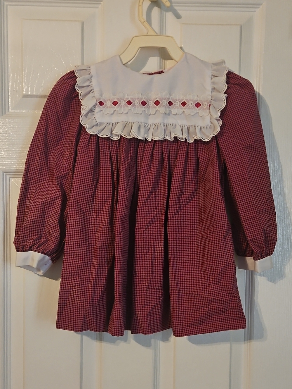 Girls Vintage 1980s Pink Checked Long-Sleeve Dress with White Lace Bib Size 5